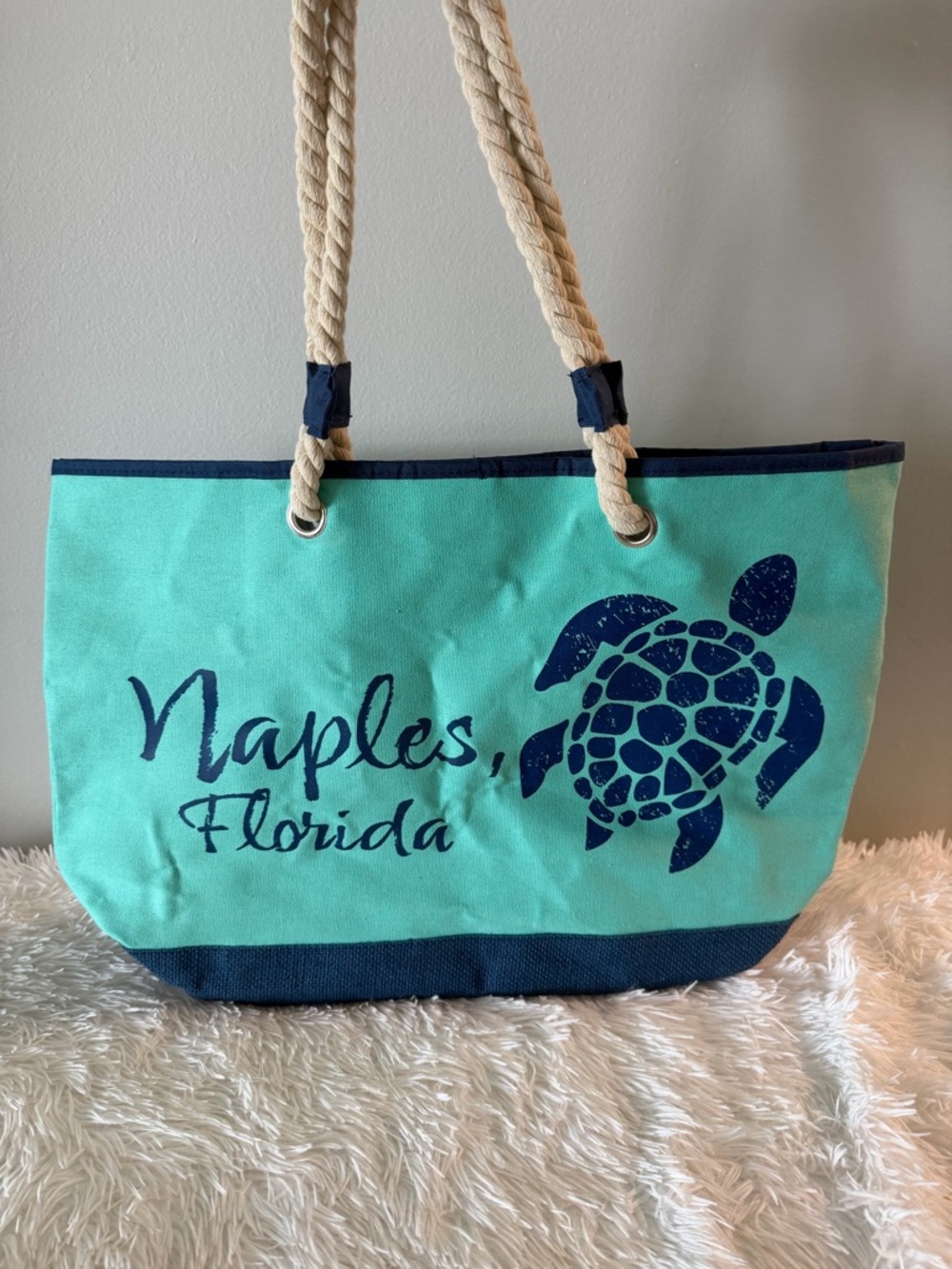 Naples, Florida Teal Canvas Tote Bag with Navy Accents. New without tags